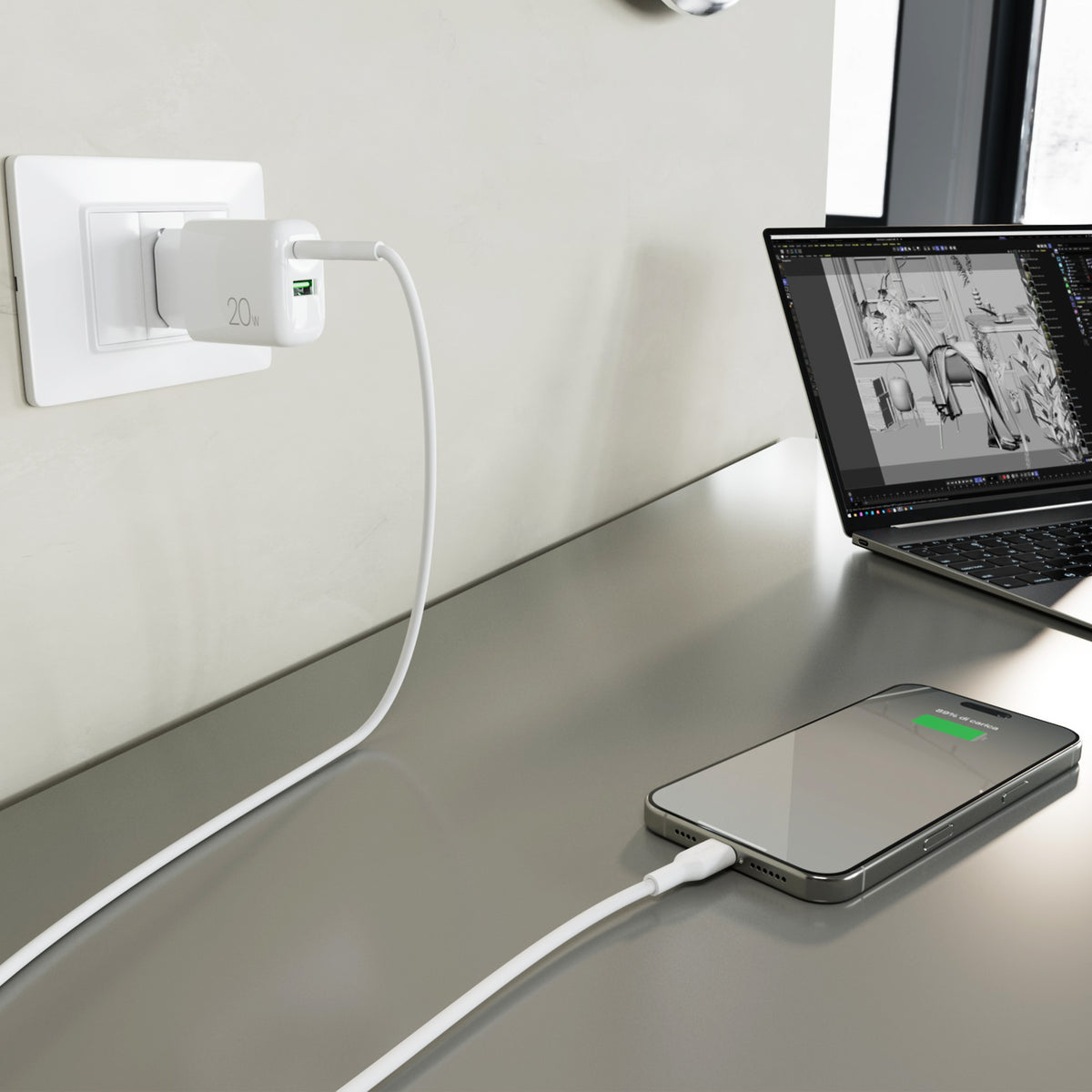 Kit Energia 20W USB‑A/USB‑C + cavo USB‑C